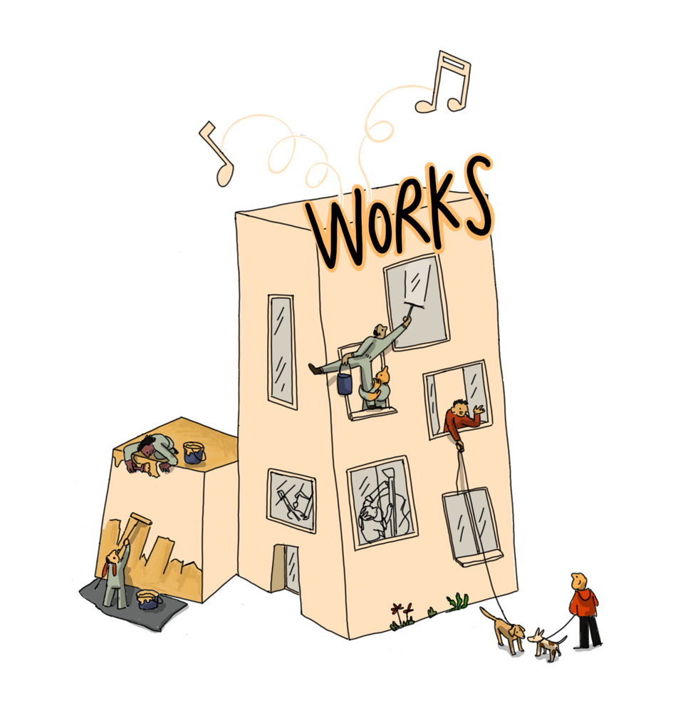 Illustrazione Works — edificio in costruzione creativa